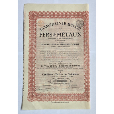 Akcie Belgie - Compagnie Belge de Fers & Metaux 1921 - 500 Francs